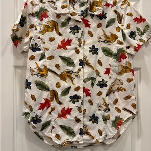 Vintage Esprit White Short-Sleeve Button-Up Shirt with Squirrel & Autumn Print